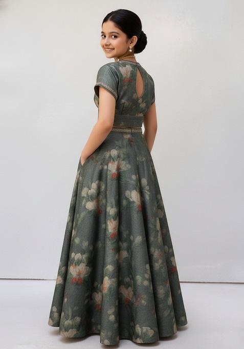 Girls Grey Floral Print Tussar Lehenga Set