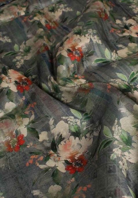 Girls Grey Floral Print Tussar Lehenga Set