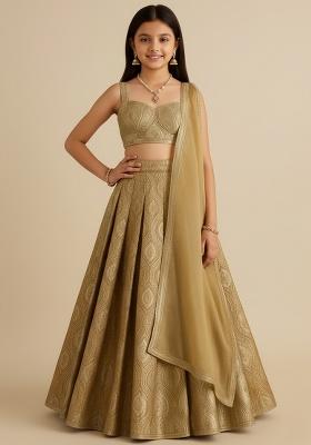Girls Gold Brocade Lehenga Set