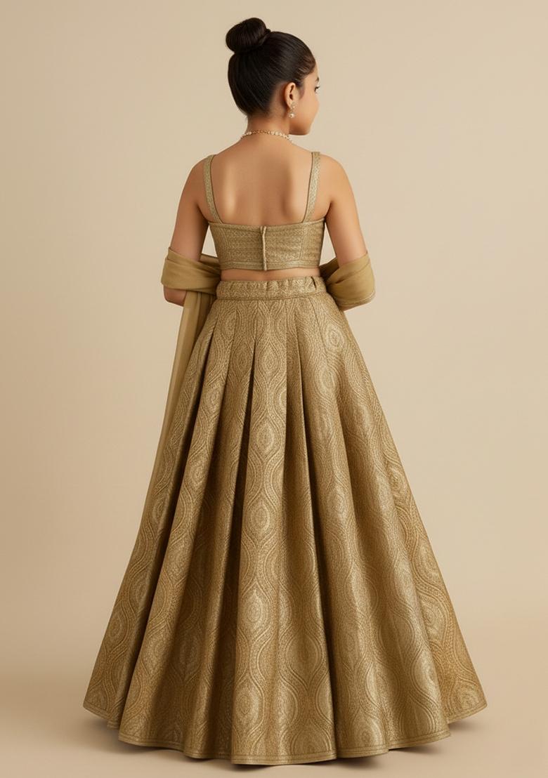 Girls Gold Brocade Lehenga Set