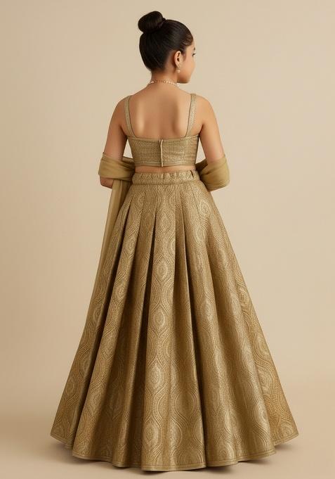 Girls Gold Brocade Lehenga Set