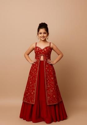 Girls Red Embellished Georgette Lehenga Set