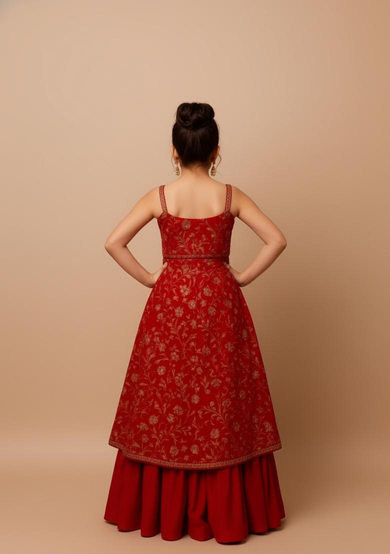 Girls Red Embellished Georgette Lehenga Set - Indya