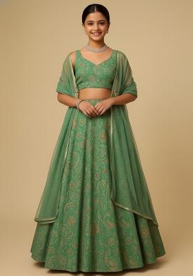 Girls Green Floral Print Georgette Lehenga Set