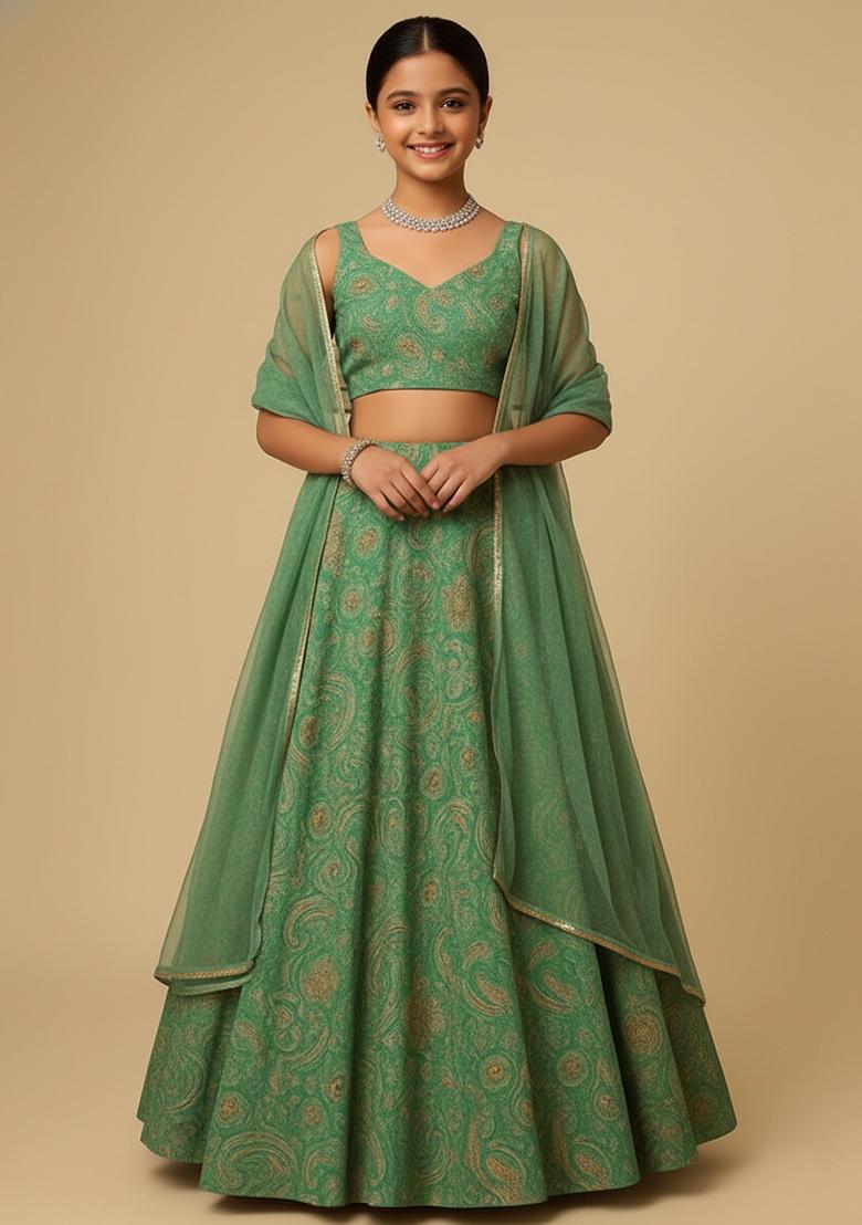 Girls Green Floral Print Georgette Lehenga Set
