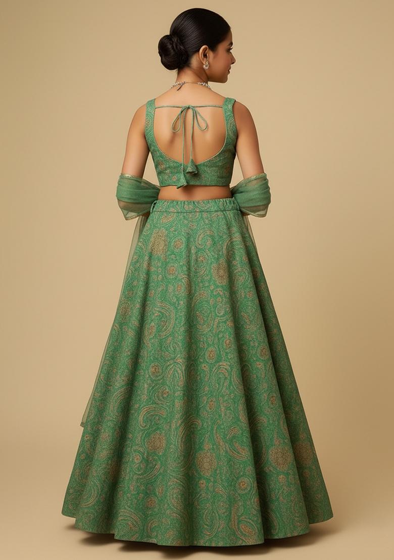 Girls Green Floral Print Georgette Lehenga Set - Indya