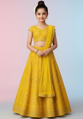 Girls Yellow Embroidered Silk Lehenga Set