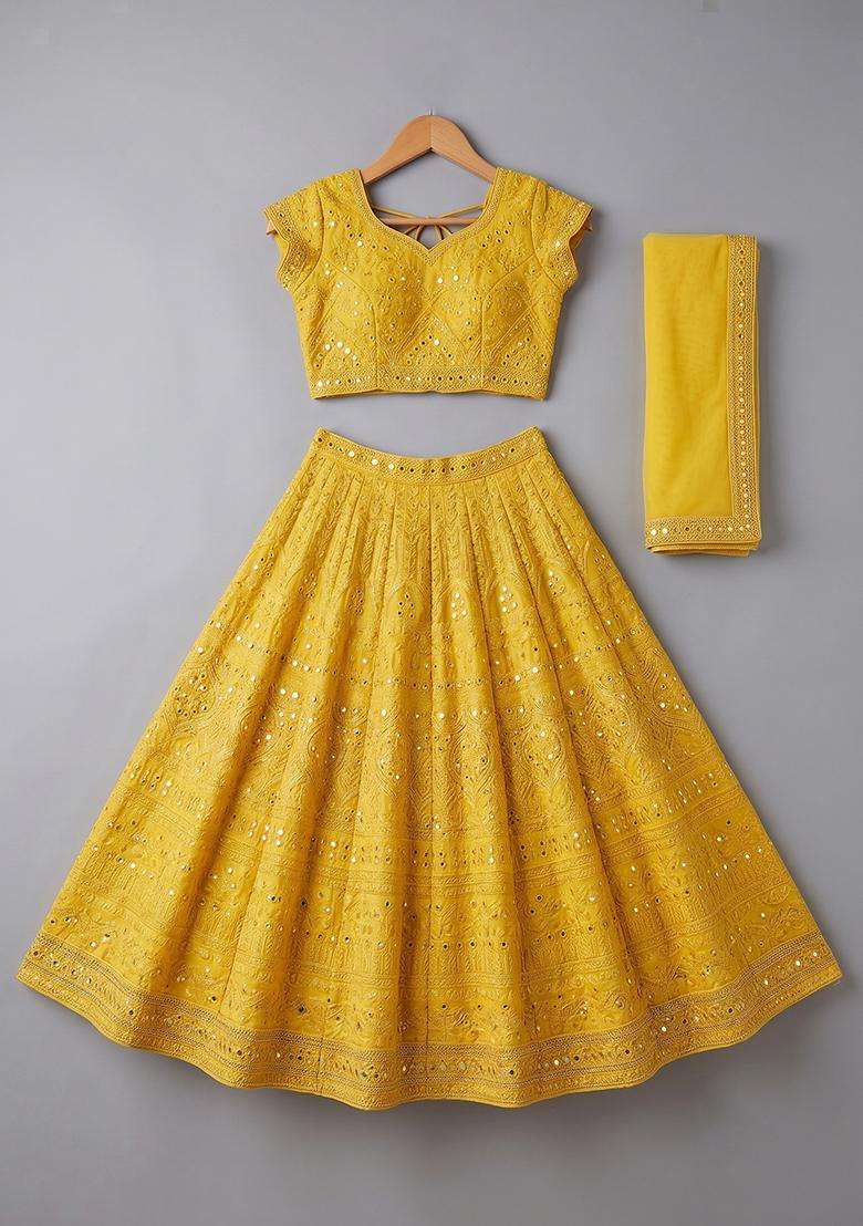 Girls Yellow Embroidered Silk Lehenga Set - Indya