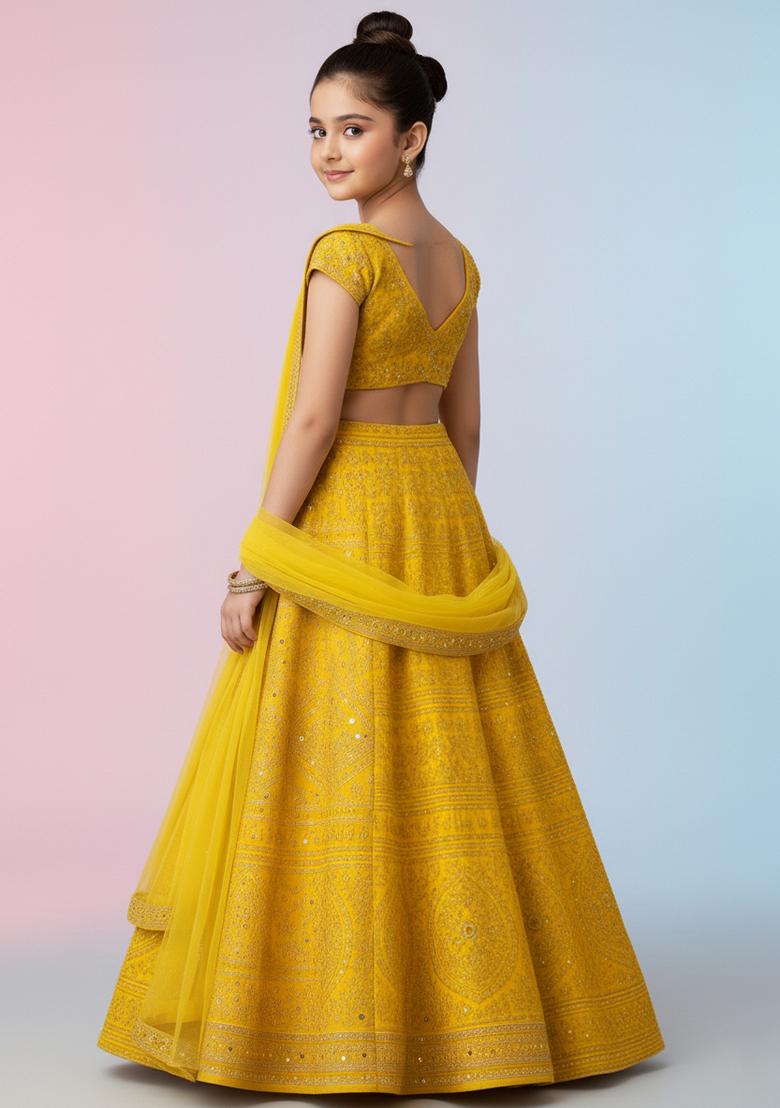 Girls Yellow Embroidered Silk Lehenga Set - Indya