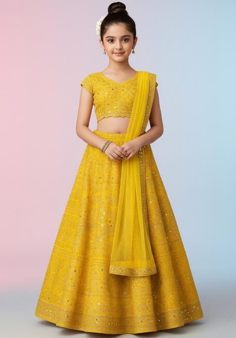 Girls Yellow Embroidered Silk Lehenga Set