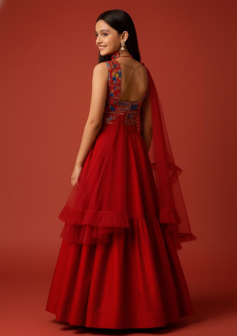 Girls Red Sequin Georgette Lehenga Set