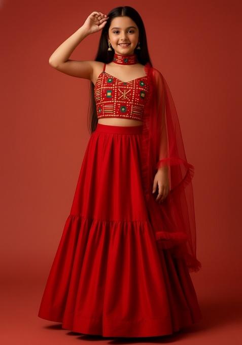 Girls Red Sequin Georgette Lehenga Set