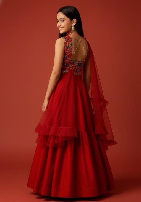 Girls Red Sequin Georgette Lehenga Set