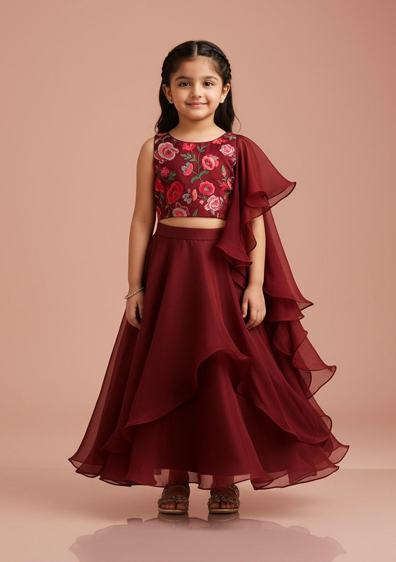 Girls Maroon Floral Print Georgette Lehenga Set