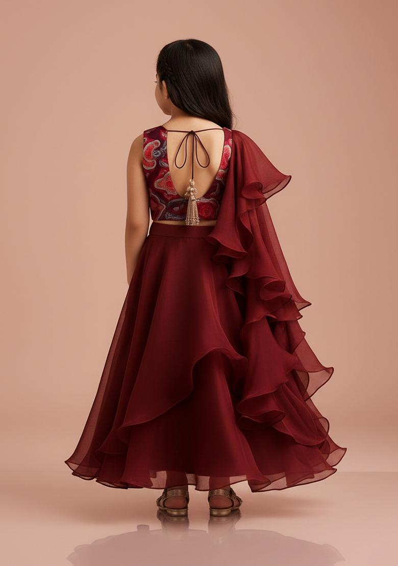 Girls Maroon Floral Print Georgette Lehenga Set - Indya