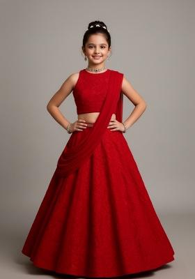 Girls Red Embroidered Net Lehenga Set