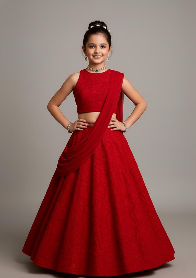 Girls Red Embroidered Net Lehenga Set