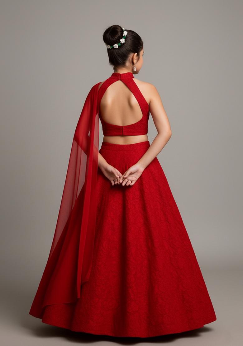 Girls Red Embroidered Net Lehenga Set - Indya