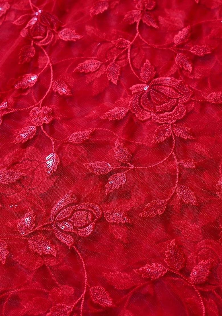 Girls Red Embroidered Net Lehenga Set - Indya