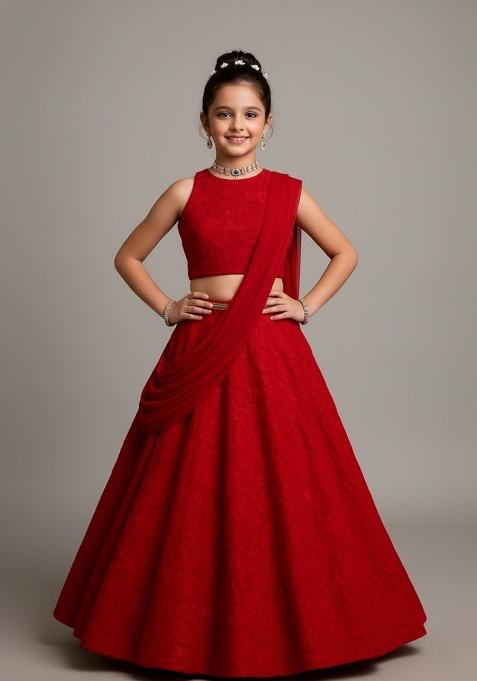 Girls Red Embroidered Net Lehenga Set
