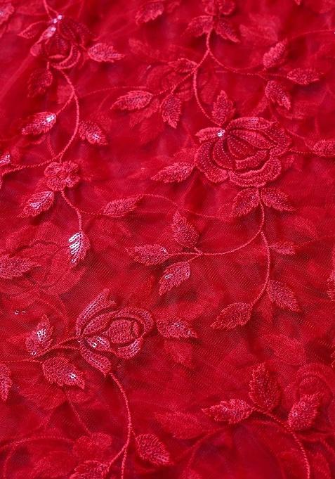 Girls Red Embroidered Net Lehenga Set