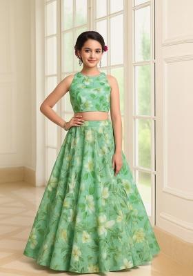 Girls Green Floral Print Lehenga Set