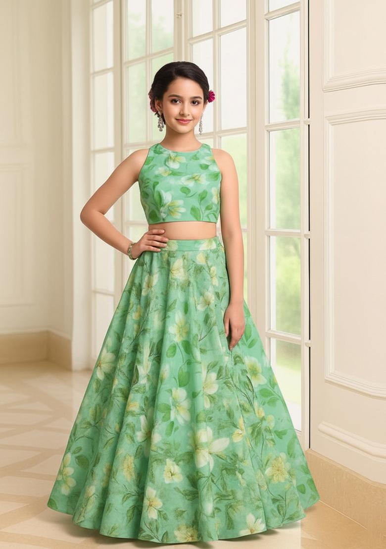 Girls Green Floral Print Lehenga Set