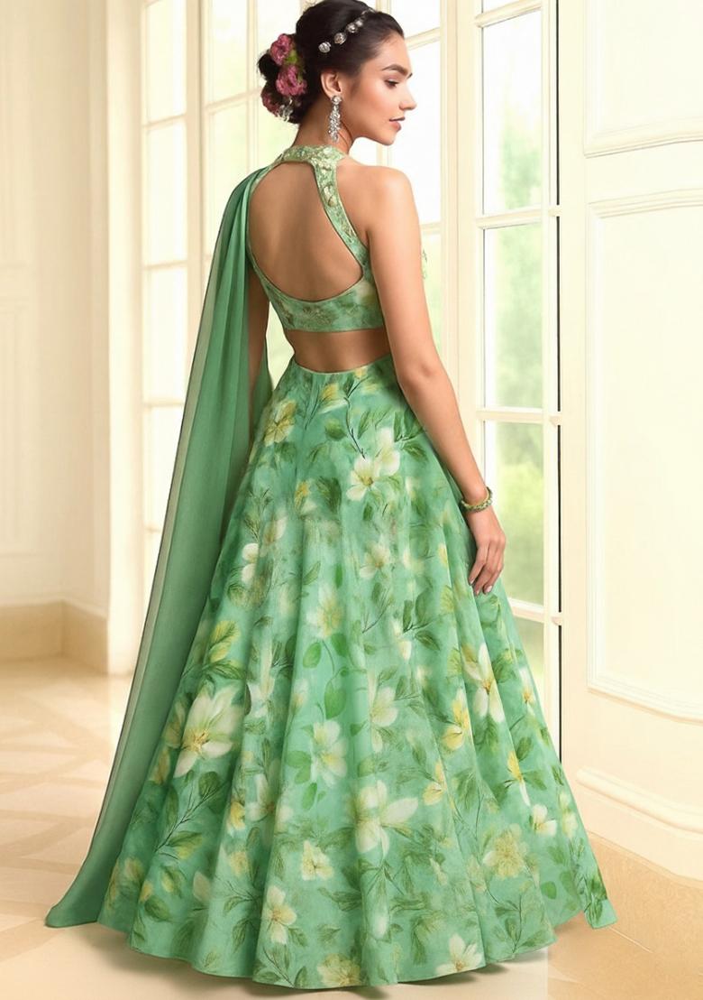 Girls Green Floral Print Lehenga Set