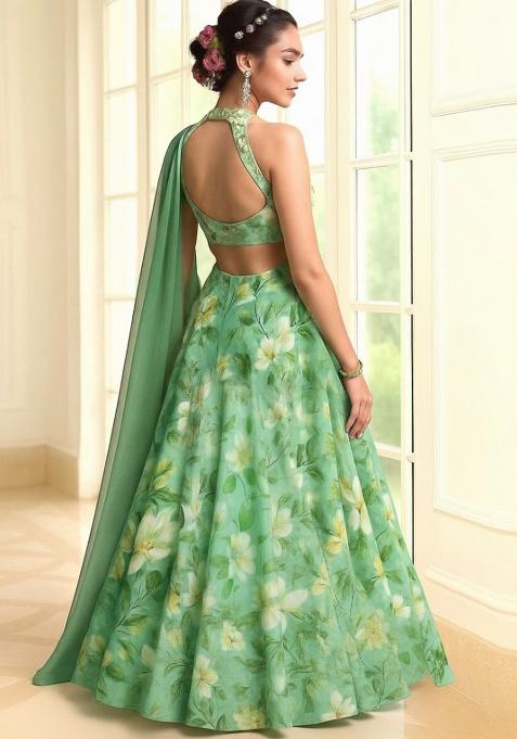 Girls Green Floral Print Lehenga Set
