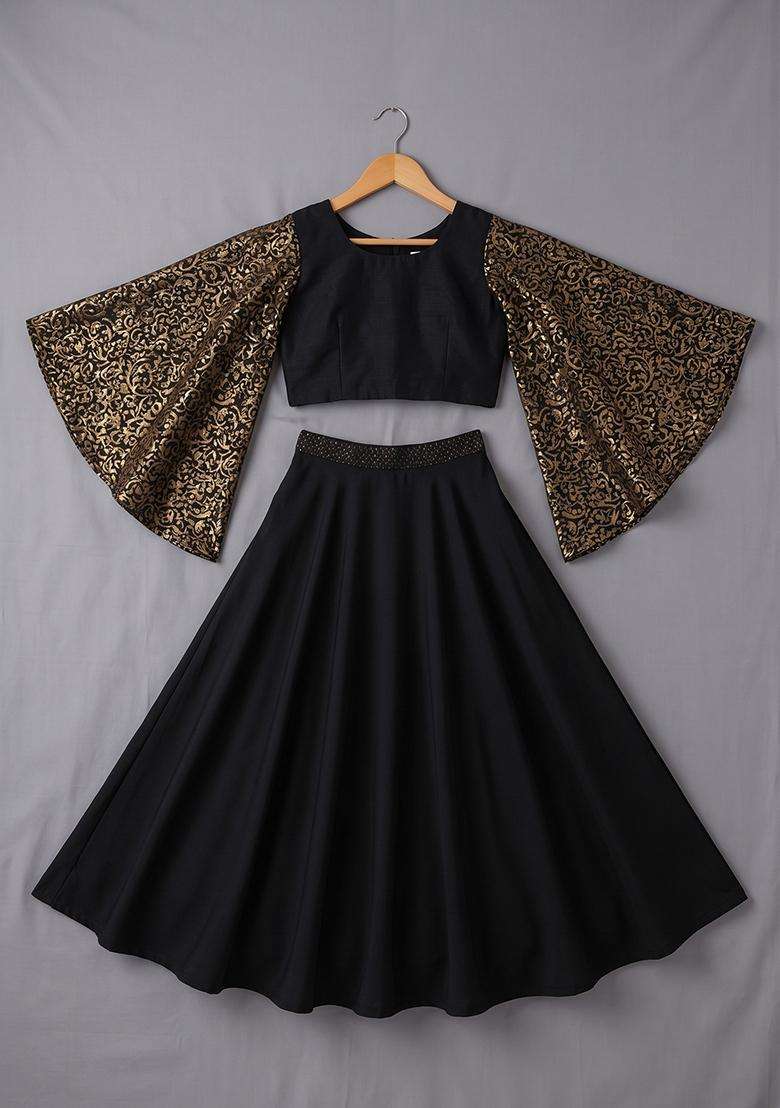 Girls Black Sequin Georgette Lehenga Set - Indya