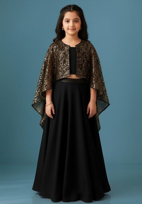Girls Black Sequin Georgette Lehenga Set