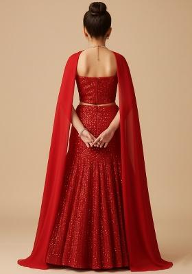 Girls Red Sequin Net Lehenga Set