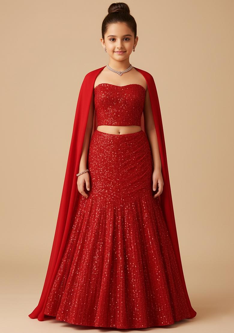 Girls Red Sequin Net Lehenga Set