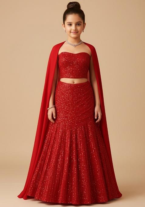 Girls Red Sequin Net Lehenga Set