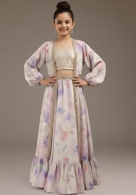 Girls Purple Floral Print Linen Lehenga Set