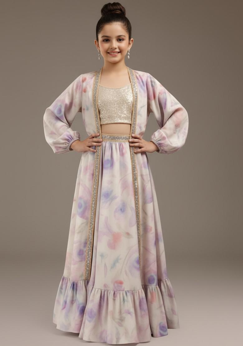 Girls Purple Floral Print Linen Lehenga Set