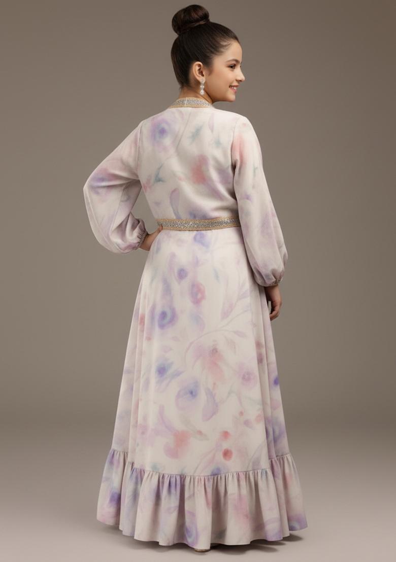 Girls Purple Floral Print Linen Lehenga Set - Indya