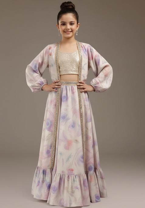 Girls Purple Floral Print Linen Lehenga Set
