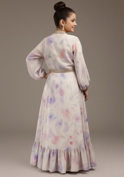 Girls Purple Floral Print Linen Lehenga Set