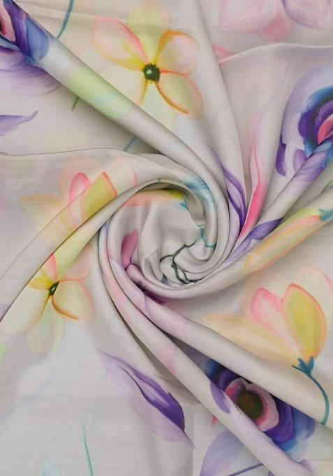 Girls Purple Floral Print Linen Lehenga Set