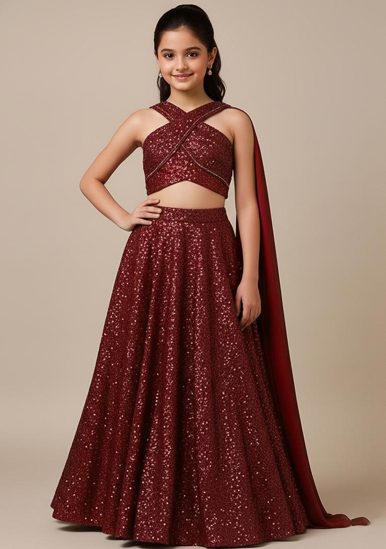 Girls Wine Sequin Net Lehenga Set