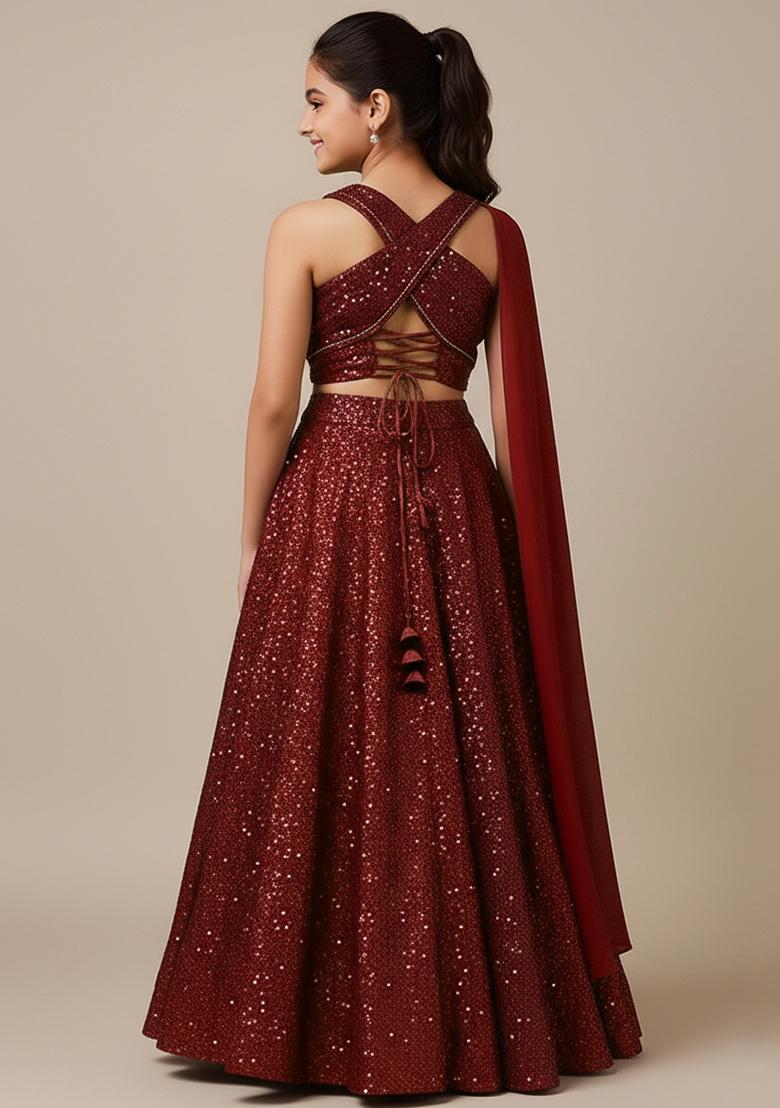 Girls Wine Sequin Net Lehenga Set
