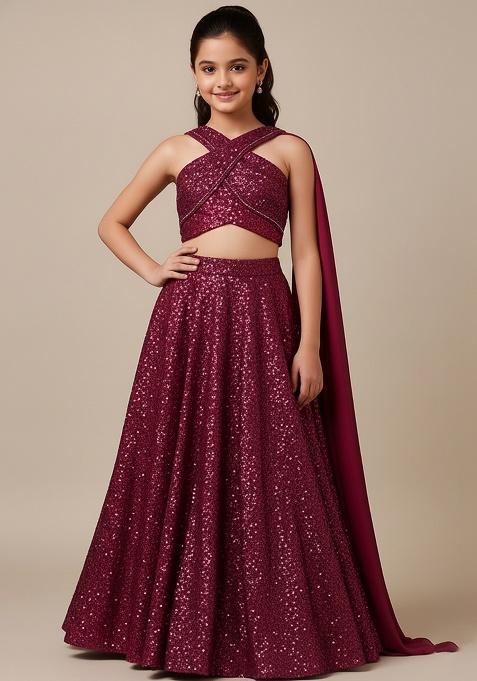 Girls Wine Sequin Net Lehenga Set
