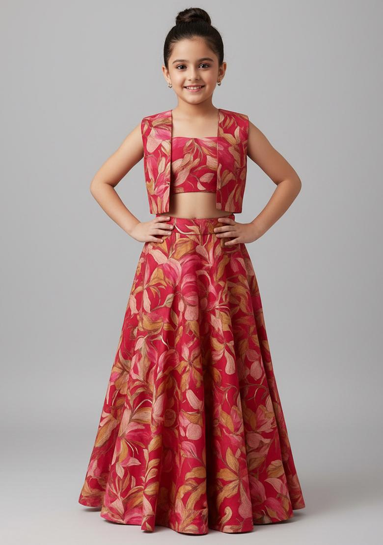 Girls Red Floral Print Satin Lehenga Set