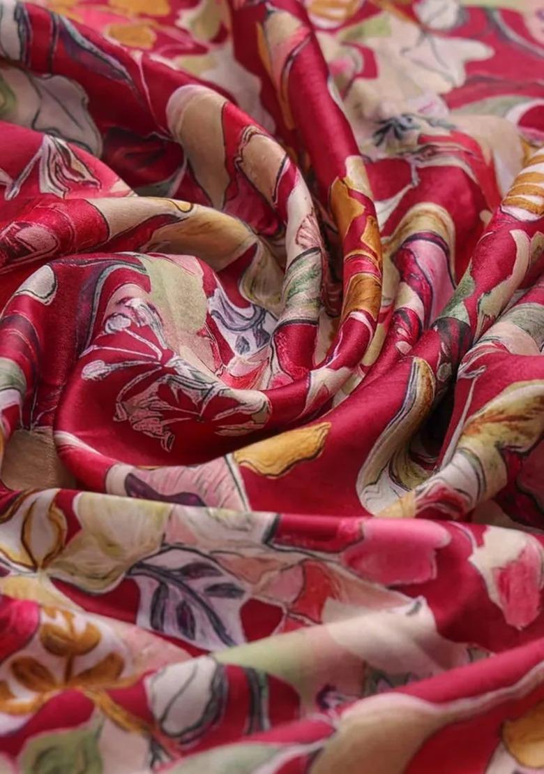 Girls Red Floral Print Satin Lehenga Set