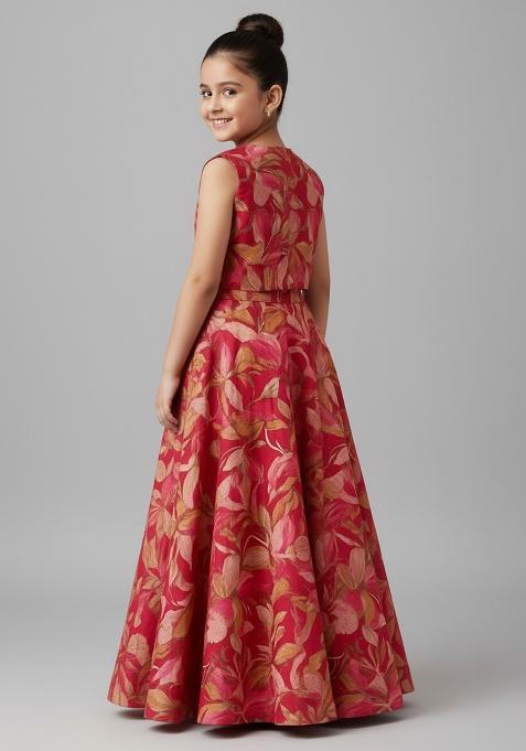 Girls Red Floral Print Satin Lehenga Set