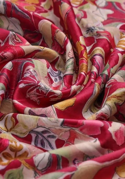 Girls Red Floral Print Satin Lehenga Set