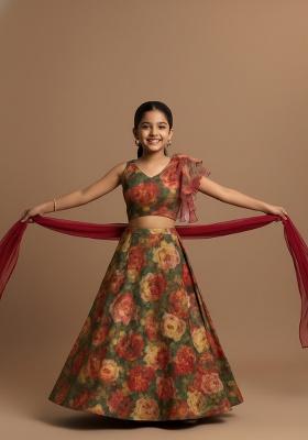 Girls Light Green Floral Print Tissue Lehenga Set