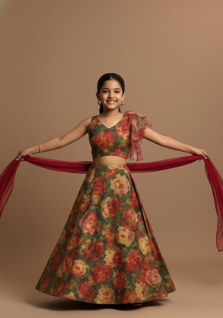 Girls Green Floral Print Tissue Lehenga Set