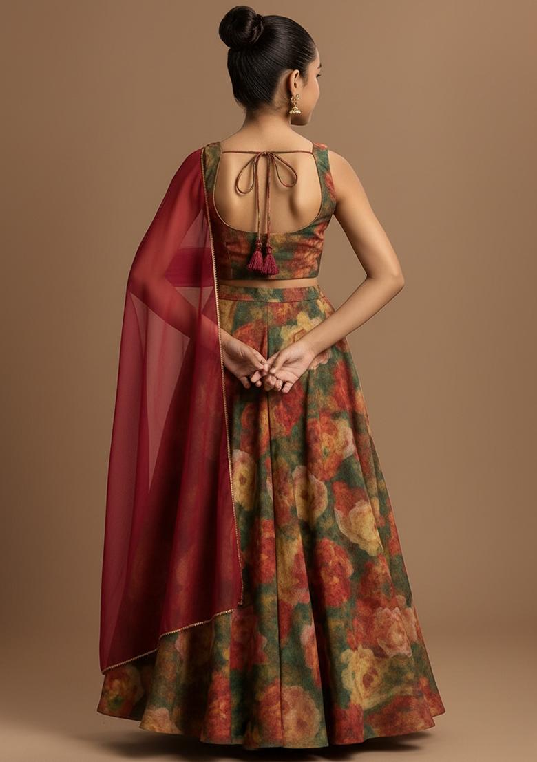 Girls Green Floral Print Tissue Lehenga Set - Indya